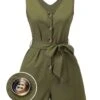Army Green 1950s V-Neck Button Waist Tie Romper