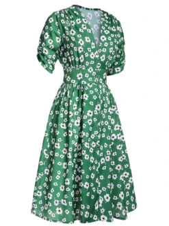 Green 1940s V-Neck Floral Dress 11 Green 1940s V-Neck Floral Dress -Retro Pulse Shop SCV021556 2