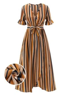 Earth Yellow 1950s Stripes Wrap Waist Dress