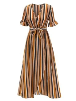 Earth Yellow 1950s Stripes Wrap Waist Dress -Retro Pulse Shop SCV021566 2