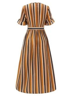 Earth Yellow 1950s Stripes Wrap Waist Dress -Retro Pulse Shop SCV021566 3