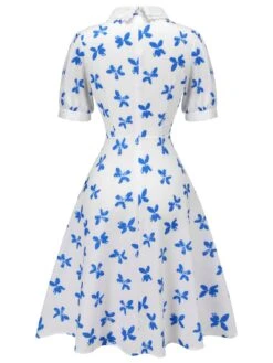 1940s Blue Butterfly Doll Neck Dress -Retro Pulse Shop SCV021573 3