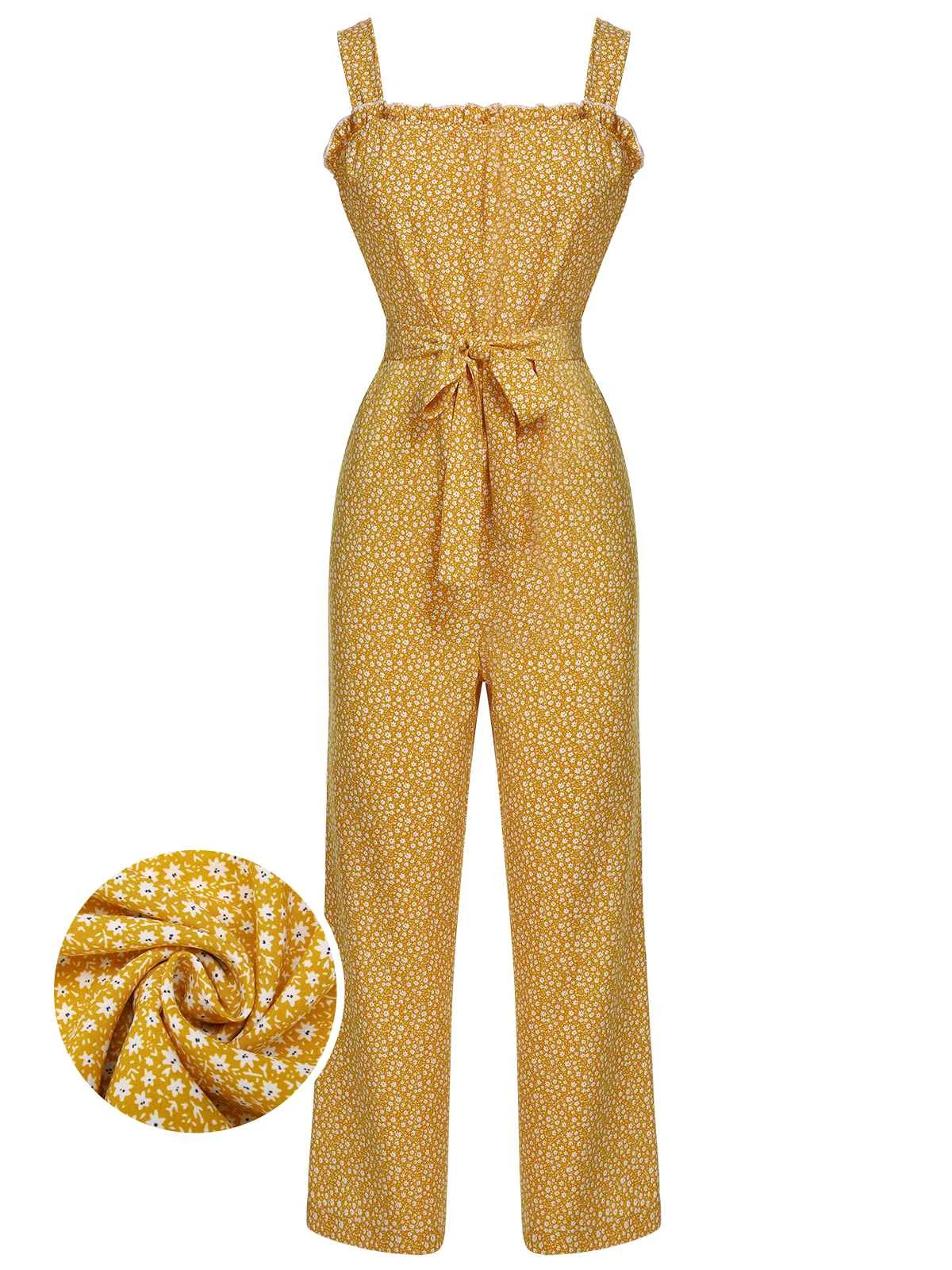 Yellow 1930s Floral Ruffles Tie Jumpsuit 3 Yellow 1930s Floral Ruffles Tie Jumpsuit