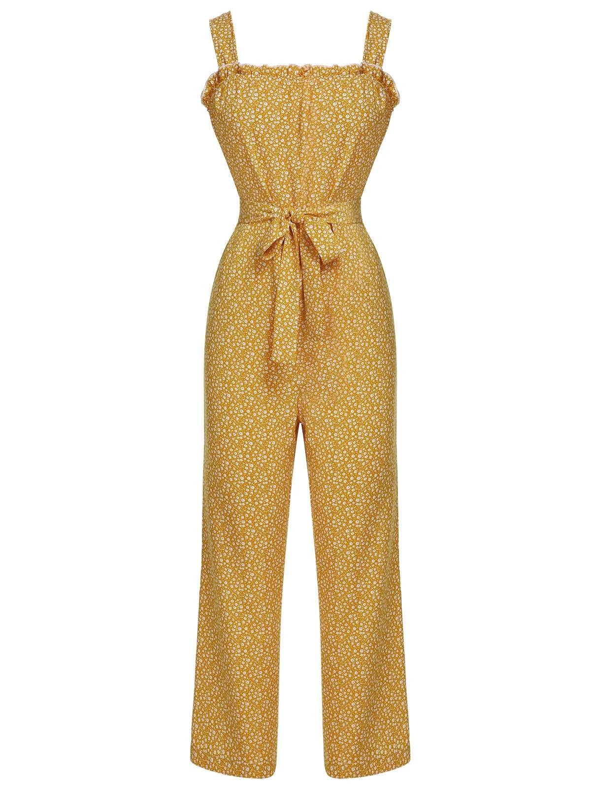 Yellow 1930s Floral Ruffles Tie Jumpsuit 4 Yellow 1930s Floral Ruffles Tie Jumpsuit - Image 2