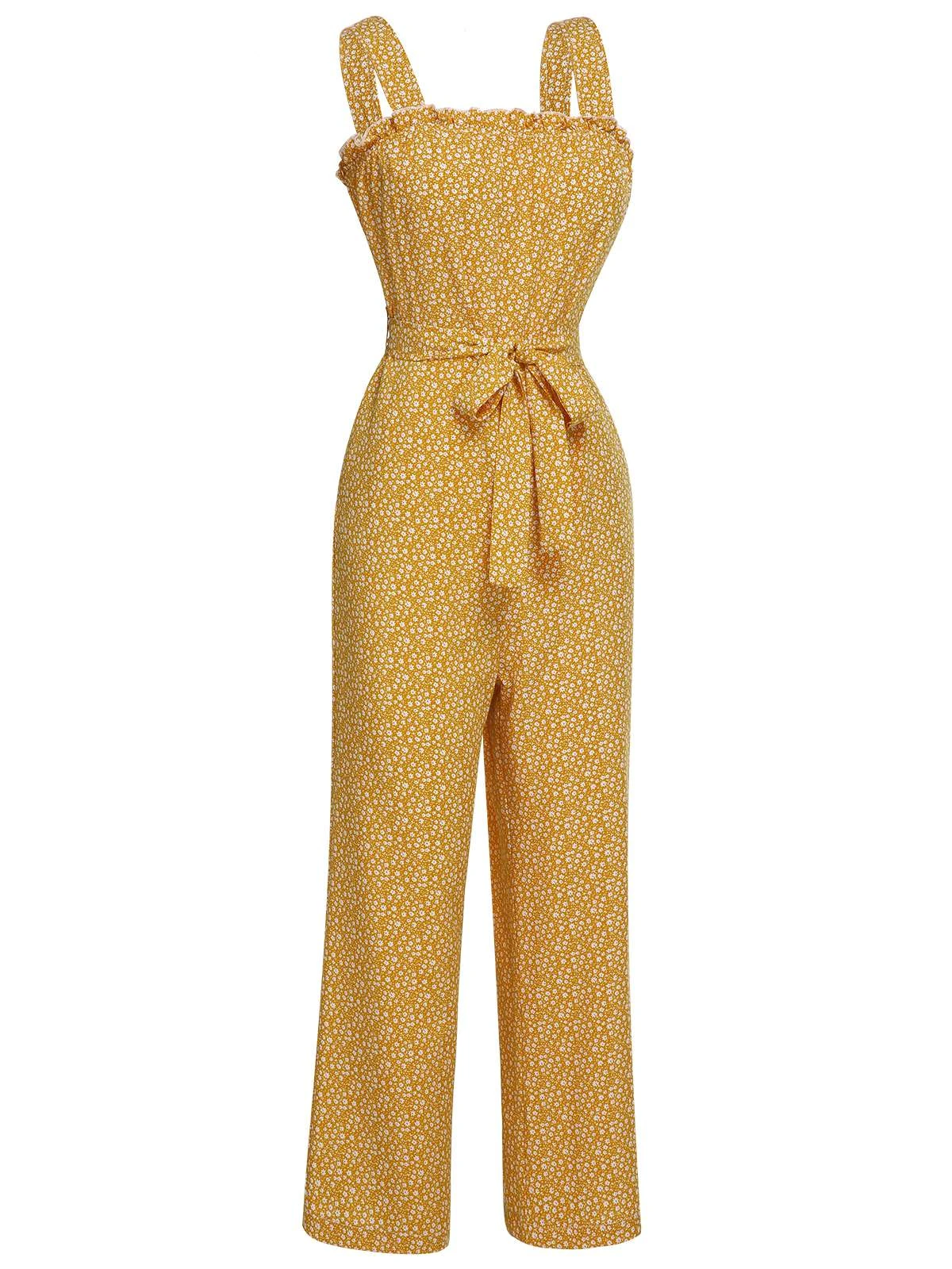 Yellow 1930s Floral Ruffles Tie Jumpsuit 5 Yellow 1930s Floral Ruffles Tie Jumpsuit - Image 3