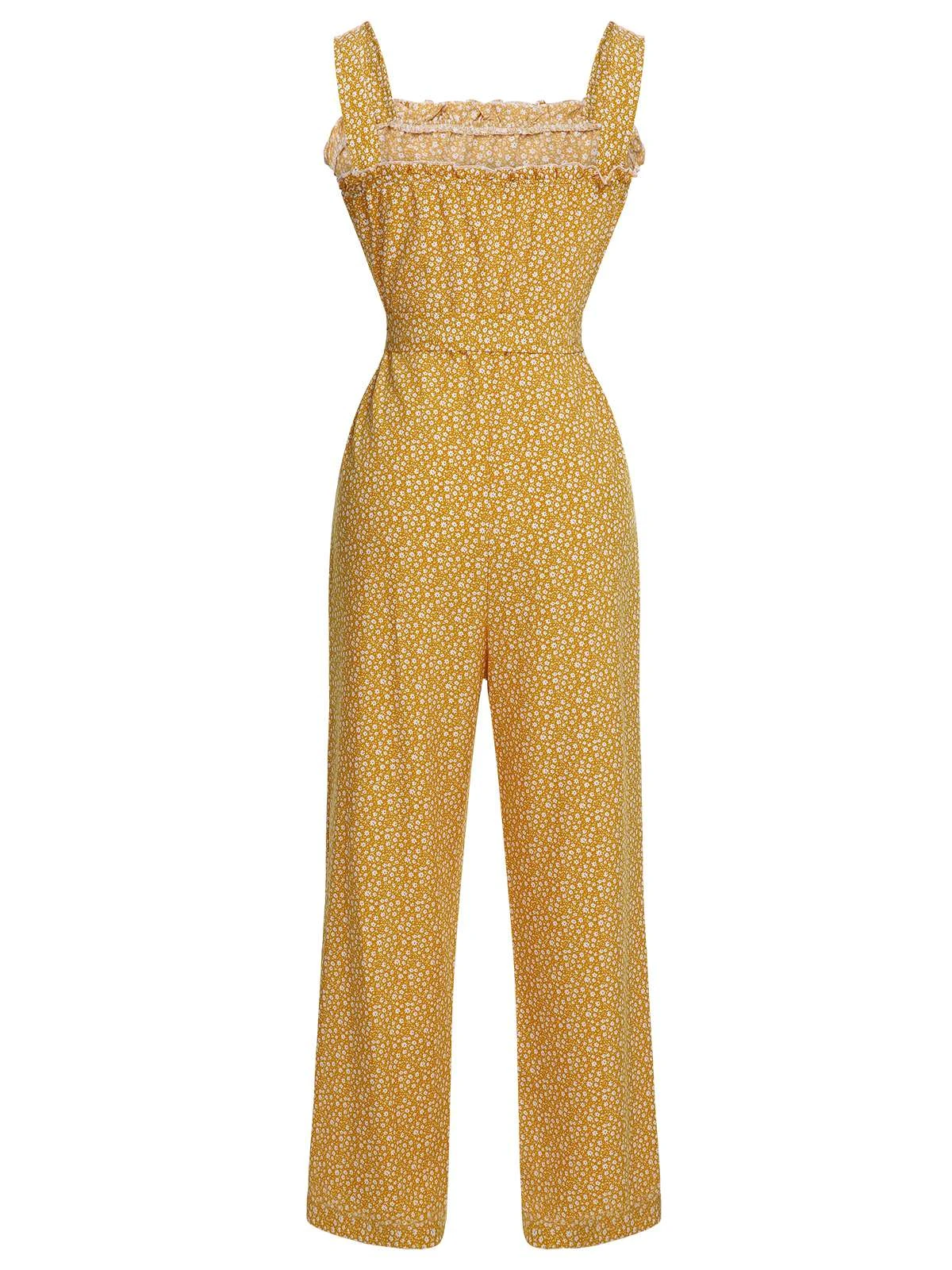 Yellow 1930s Floral Ruffles Tie Jumpsuit 6 Yellow 1930s Floral Ruffles Tie Jumpsuit - Image 4