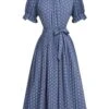 Blue 1930s Polka Dots Bow Tie Pleated Dress -Retro Pulse Shop SCV021582 1 compressed