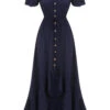 1930s Navy Blue One-Shoulder Button Long Dress 1 1930s Navy Blue One-Shoulder Button Long Dress -Retro Pulse Shop SCV021584 1