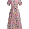 Pink 1930s Floral Bow Tie Pleated Dress