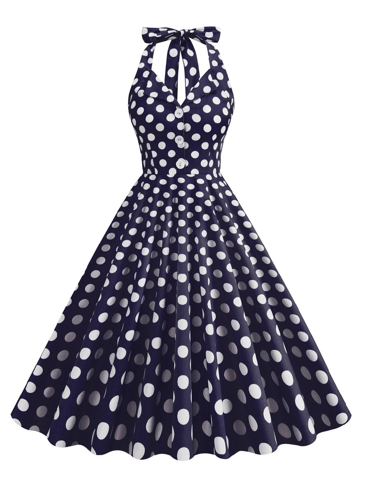 Navy Blue 1950s Polka Dot Halter Dress 3 Navy Blue 1950s Polka Dot Halter Dress