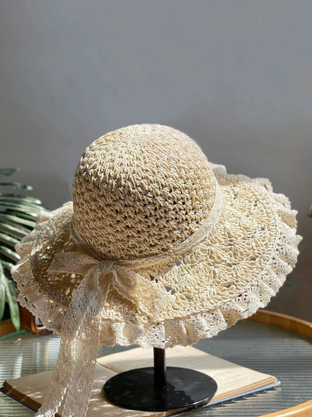 Beige Hand-made Lace Bow Sun Hat 3 Beige Hand-made Lace Bow Sun Hat