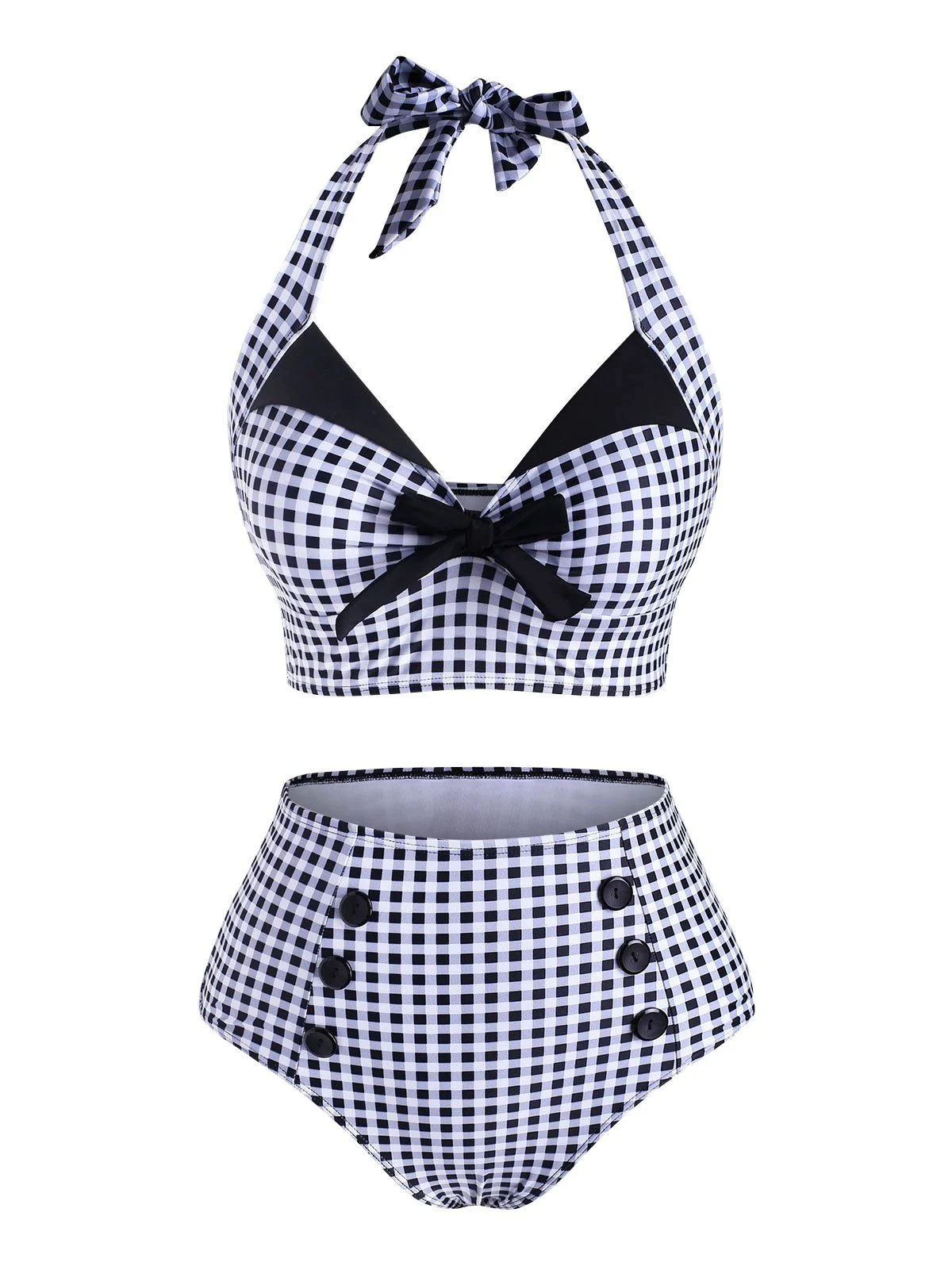 Black 1950s Checked Halter Bowknot Bikini Set 3 Black 1950s Checked Halter Bowknot Bikini Set
