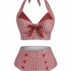 Red 1950s Checked Halter Bowknot Bikini Set 2 Red 1950s Checked Halter Bowknot Bikini Set -Retro Pulse Shop SCX000789 WR