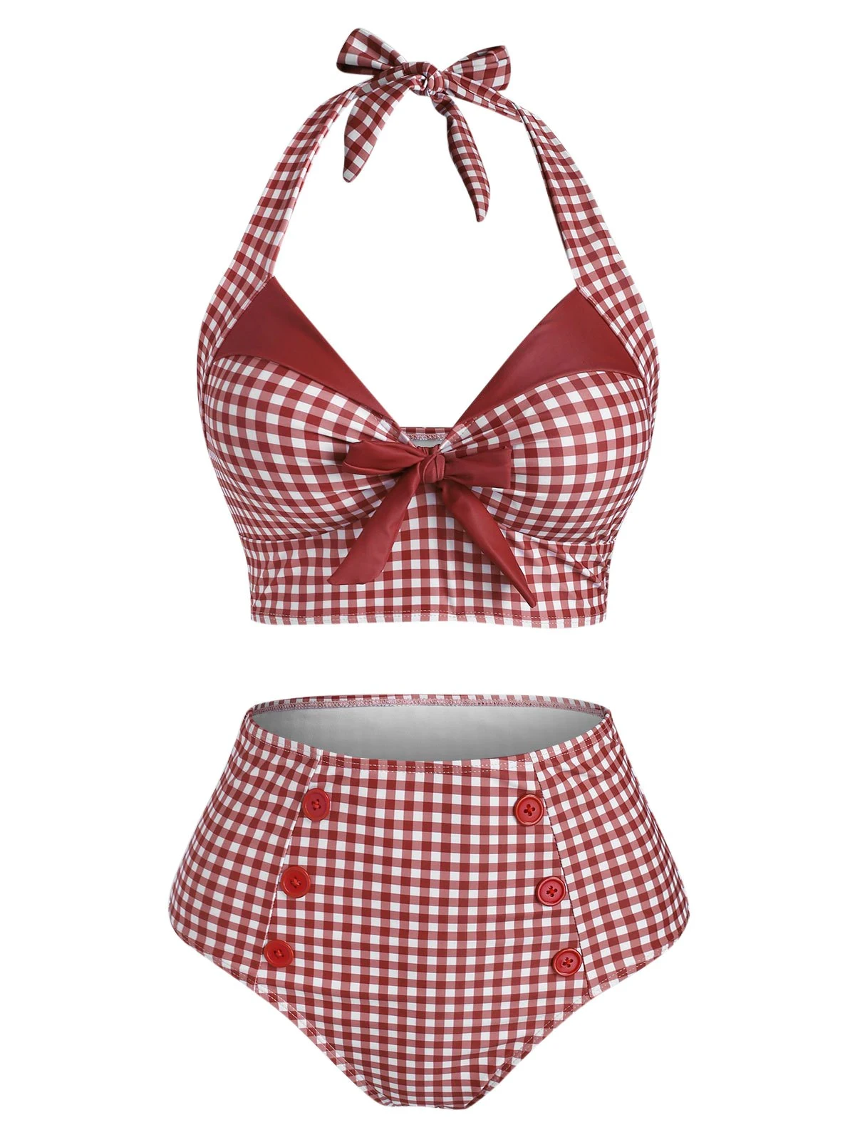 Red 1950s Checked Halter Bowknot Bikini Set 3 Red 1950s Checked Halter Bowknot Bikini Set