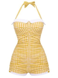 Checked 1950s Halter Bowknot One-piece Swimsuit -Retro Pulse Shop SCX000941 1 Y