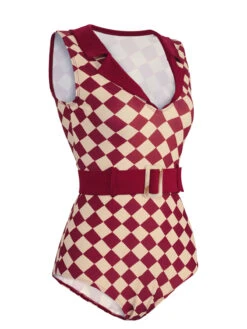 1930s Burgundy Diamond Lapel One-Piece Swimsuit -Retro Pulse Shop SCX001121 WR 2 1