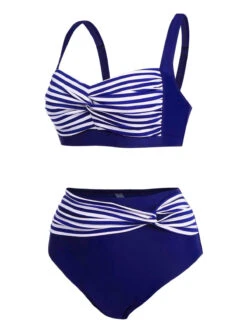 1950s Stripe Twisted Patchwork Strap Swimsuit -Retro Pulse Shop SCX001140 BL 3