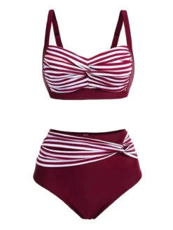 1950s Stripe Twisted Patchwork Strap Swimsuit -Retro Pulse Shop SCX001140 WR 1