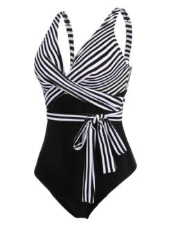 [Plus Size] 1950s Stripe Lace Up Patchwork One-Piece Swimsuit -Retro Pulse Shop SCX001141 B 3