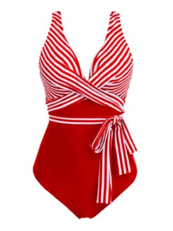 [Plus Size] 1950s Stripe Lace Up Patchwork One-Piece Swimsuit -Retro Pulse Shop SCX001141 R 1