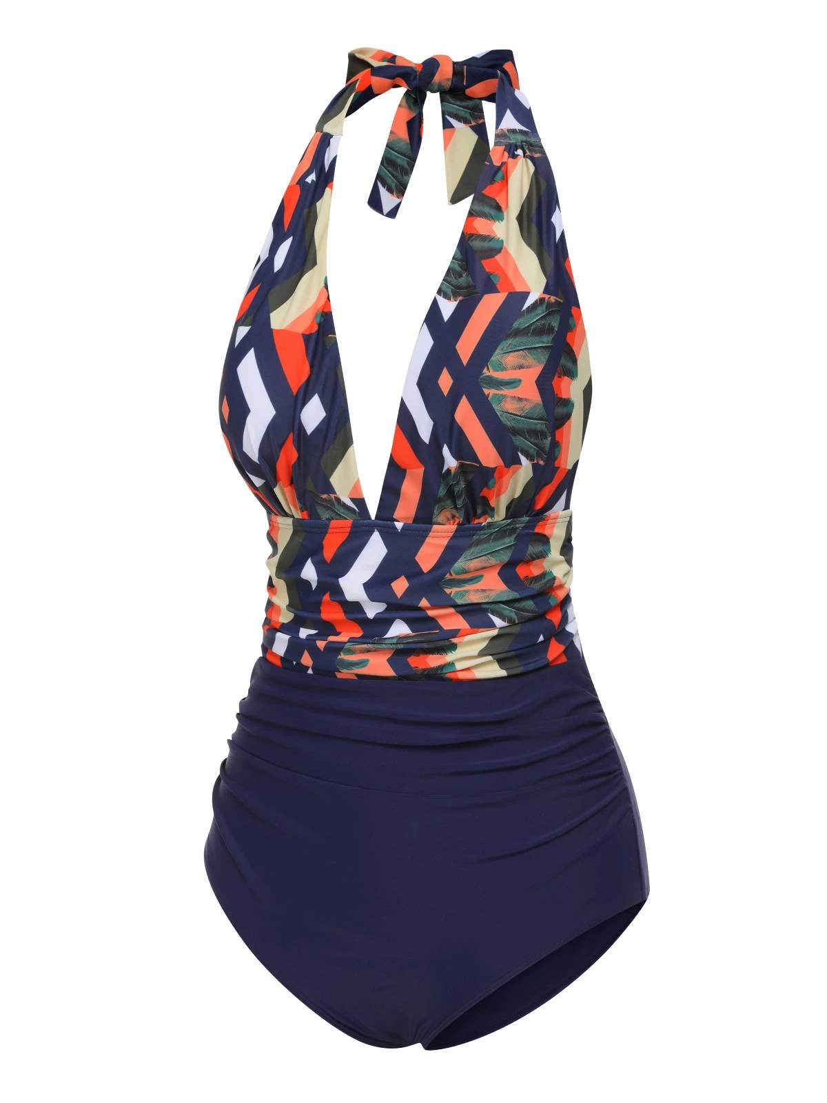 Blue 1940s Tropical Deep-V Halter Swimsuit 4 Blue 1940s Tropical Deep-V Halter Swimsuit - Image 2