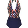 Blue 1940s Tropical Deep-V Halter Swimsuit 1 Blue 1940s Tropical Deep-V Halter Swimsuit -Retro Pulse Shop SCX001154 BL