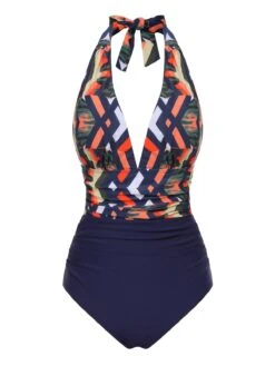 Blue 1940s Tropical Deep-V Halter Swimsuit
