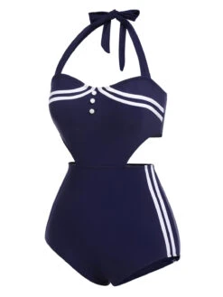 Navy Blue 1930s Halter One-piece Swimsuit -Retro Pulse Shop SCX001168 NB 3