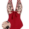 Wine Red 1950s Floral Backless Swimsuit -Retro Pulse Shop SCX001211