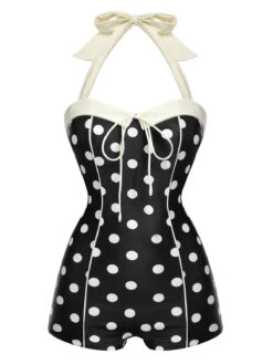 Black 1950s Polka Dots Halter Swimsuit -Retro Pulse Shop SCX001213 1