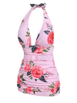 Pink 1930s Roses Halter Belt Swimsuit -Retro Pulse Shop SCX001244 PP 3