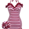 Wine Red 1950s Stripe Heart Collar Swimsuit -Retro Pulse Shop SCX001253 WR 1