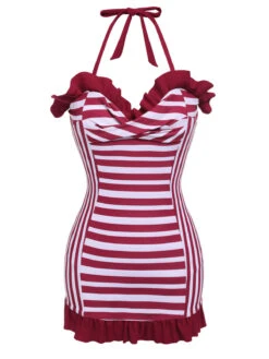 Wine Red 1950s Stripe Heart Collar Swimsuit -Retro Pulse Shop SCX001253 WR 2