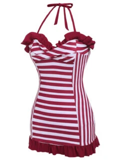 Wine Red 1950s Stripe Heart Collar Swimsuit -Retro Pulse Shop SCX001253 WR 3
