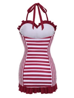 Wine Red 1950s Stripe Heart Collar Swimsuit -Retro Pulse Shop SCX001253 WR 4