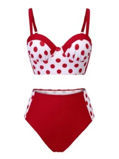 Red 1950s Polka Dot Pleated Swimsuit -Retro Pulse Shop SCX001270 1