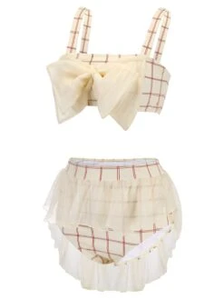 1950s Bowknot Plaid Mesh Patchwork Swimsuit -Retro Pulse Shop SCX001279 2