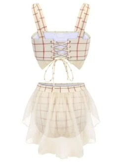 1950s Bowknot Plaid Mesh Patchwork Swimsuit -Retro Pulse Shop SCX001279 3