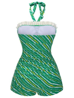 Green 1930s Stripe Off-Shoulder Halter Swimsuit -Retro Pulse Shop SCX001299 3