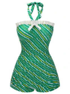 Green 1930s Stripe Off-Shoulder Halter Swimsuit -Retro Pulse Shop SCX001299 7