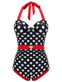 Black & Red 1950s Dots Halter Swimsuit -Retro Pulse Shop SCX001311 1