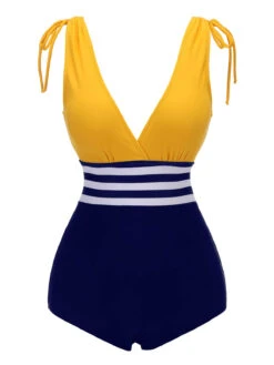 Yellow & Blue 1950s Striped Lace-Up Swimsuit 10 Yellow & Blue 1950s Striped Lace-Up Swimsuit -Retro Pulse Shop SCX001313 1