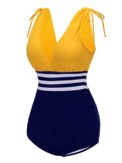 Yellow & Blue 1950s Striped Lace-Up Swimsuit 11 Yellow & Blue 1950s Striped Lace-Up Swimsuit -Retro Pulse Shop SCX001313 2