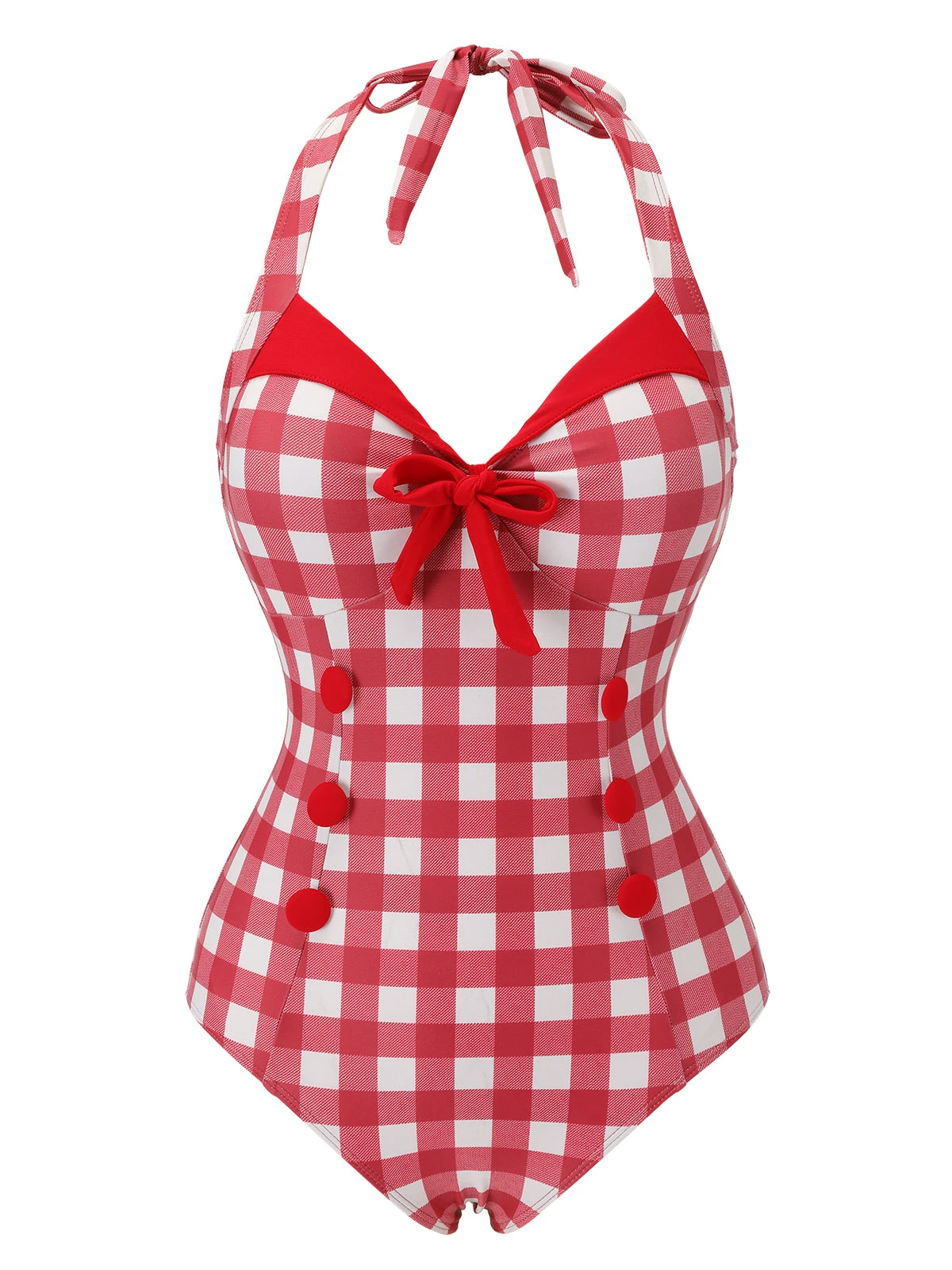 Red 1950s Plaids Added Bowknot Swimsuit 4 Red 1950s Plaids Added Bowknot Swimsuit - Image 2