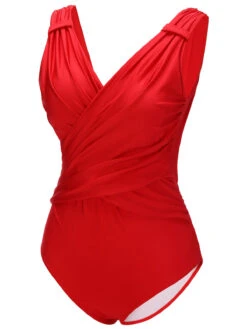 Red 1940s V-Neck Solid One-piece Swimsuit 11 Red 1940s V-Neck Solid One-piece Swimsuit -Retro Pulse Shop SCX001337 2