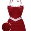 Red 1940s Halter Patchwork One-piece Swimsuit 2 Red 1940s Halter Patchwork One-piece Swimsuit -Retro Pulse Shop SCX001365 01