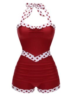 Red 1940s Halter Patchwork One-piece Swimsuit -Retro Pulse Shop SCX001365 1