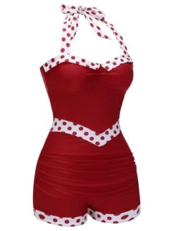 Red 1940s Halter Patchwork One-piece Swimsuit -Retro Pulse Shop SCX001365 2