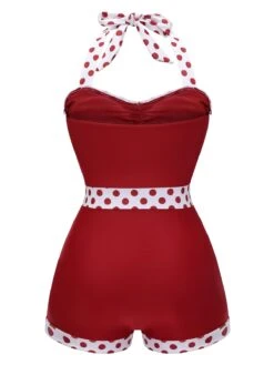 Red 1940s Halter Patchwork One-piece Swimsuit -Retro Pulse Shop SCX001365 3