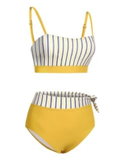 2PCS Yellow 1940s Striped Patchwork Swimsuit -Retro Pulse Shop SCX001383 3